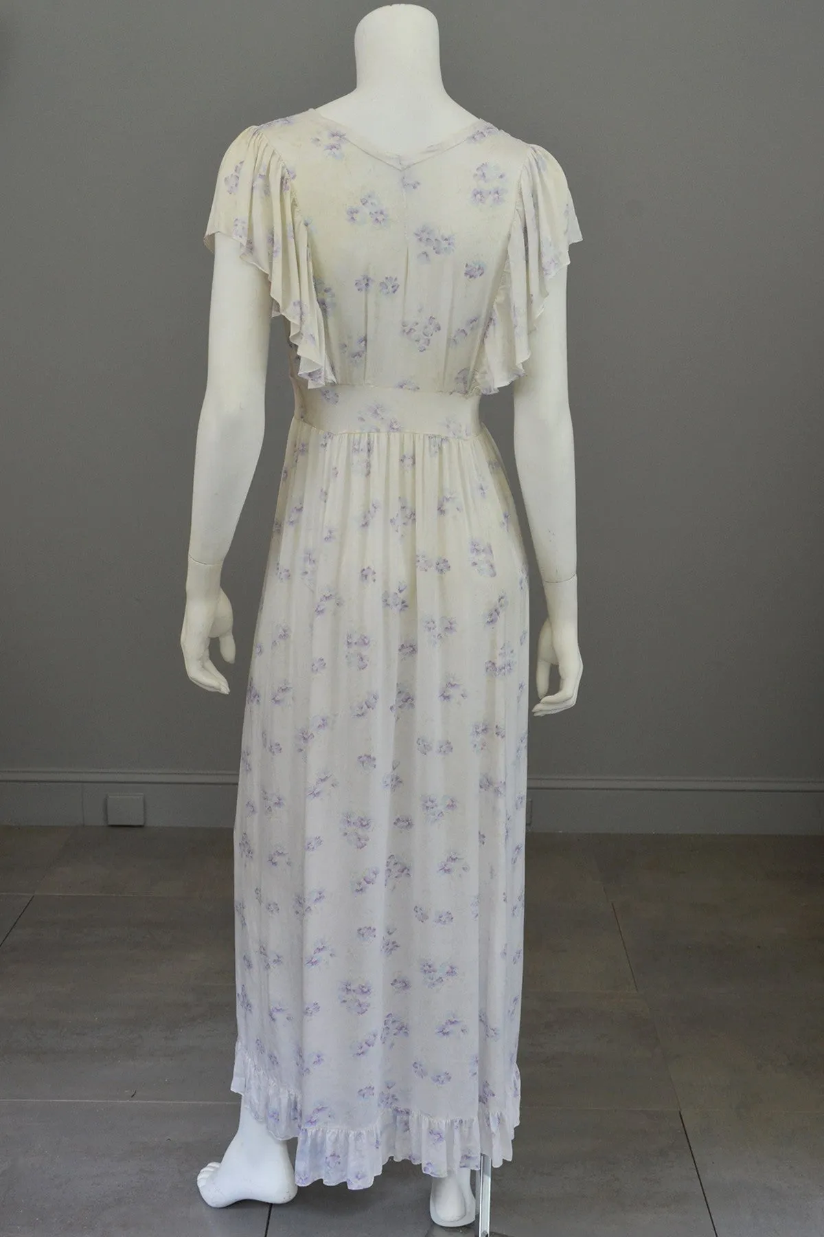 1930s Eggshell Silky Lilac Floral Print Smocked Flutter Sleeves Negligee Slip Dress