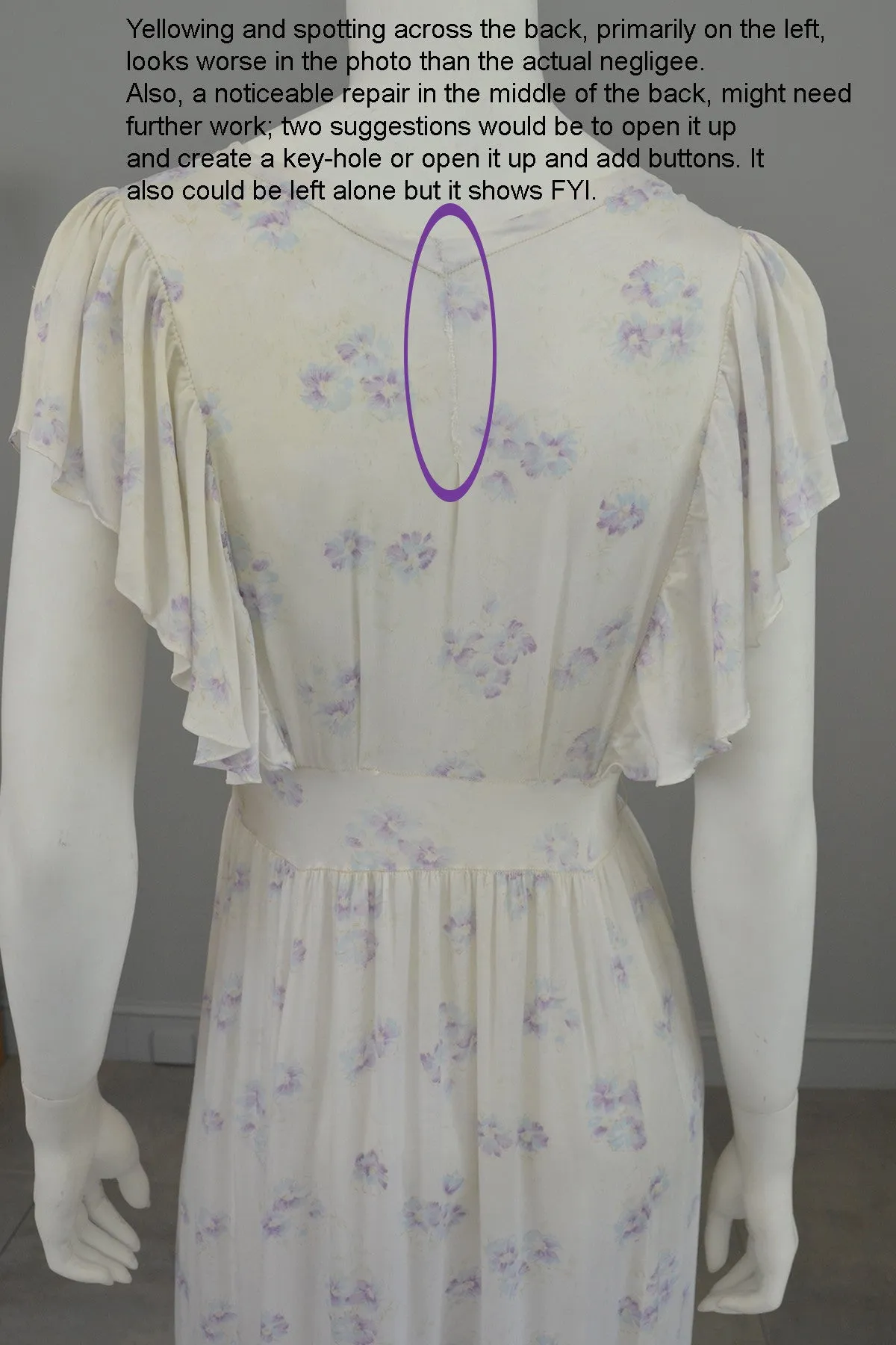 1930s Eggshell Silky Lilac Floral Print Smocked Flutter Sleeves Negligee Slip Dress