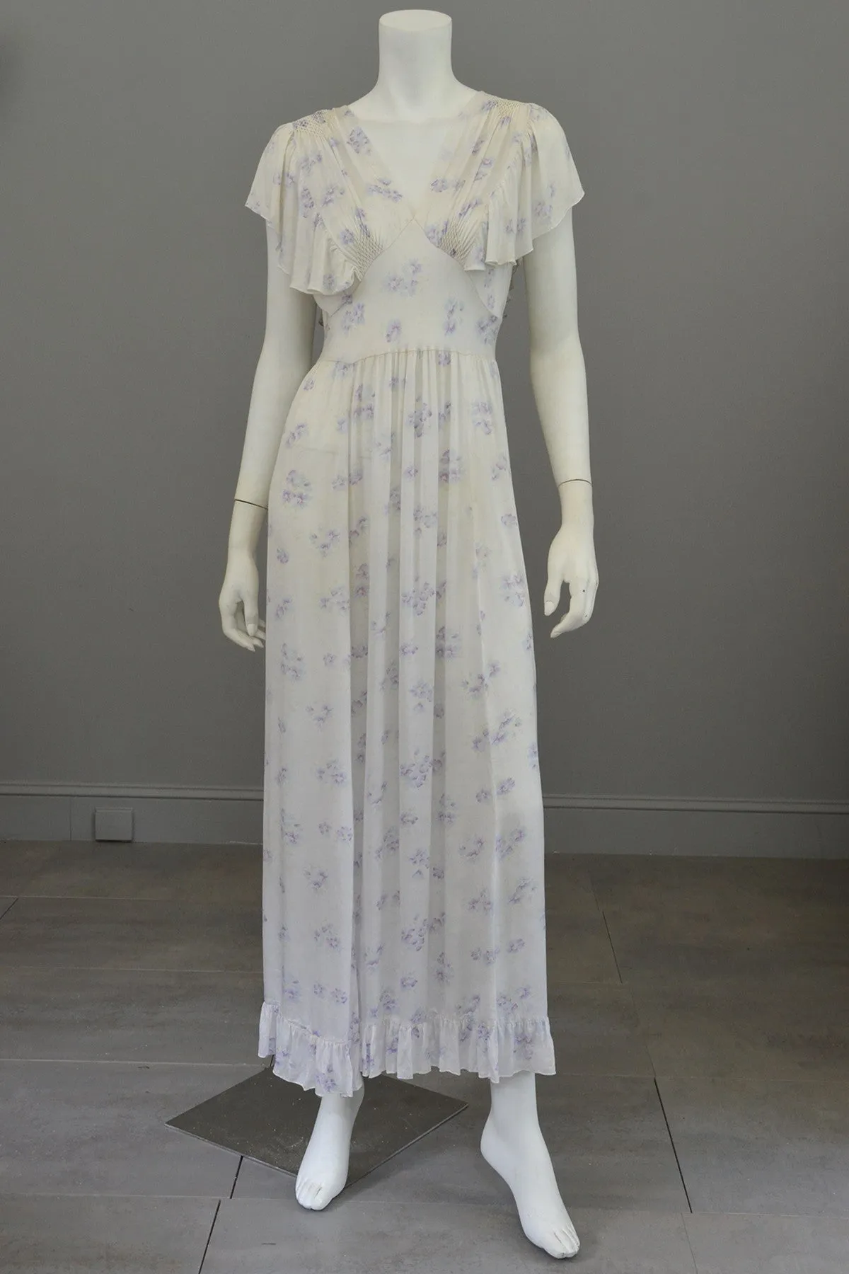 1930s Eggshell Silky Lilac Floral Print Smocked Flutter Sleeves Negligee Slip Dress