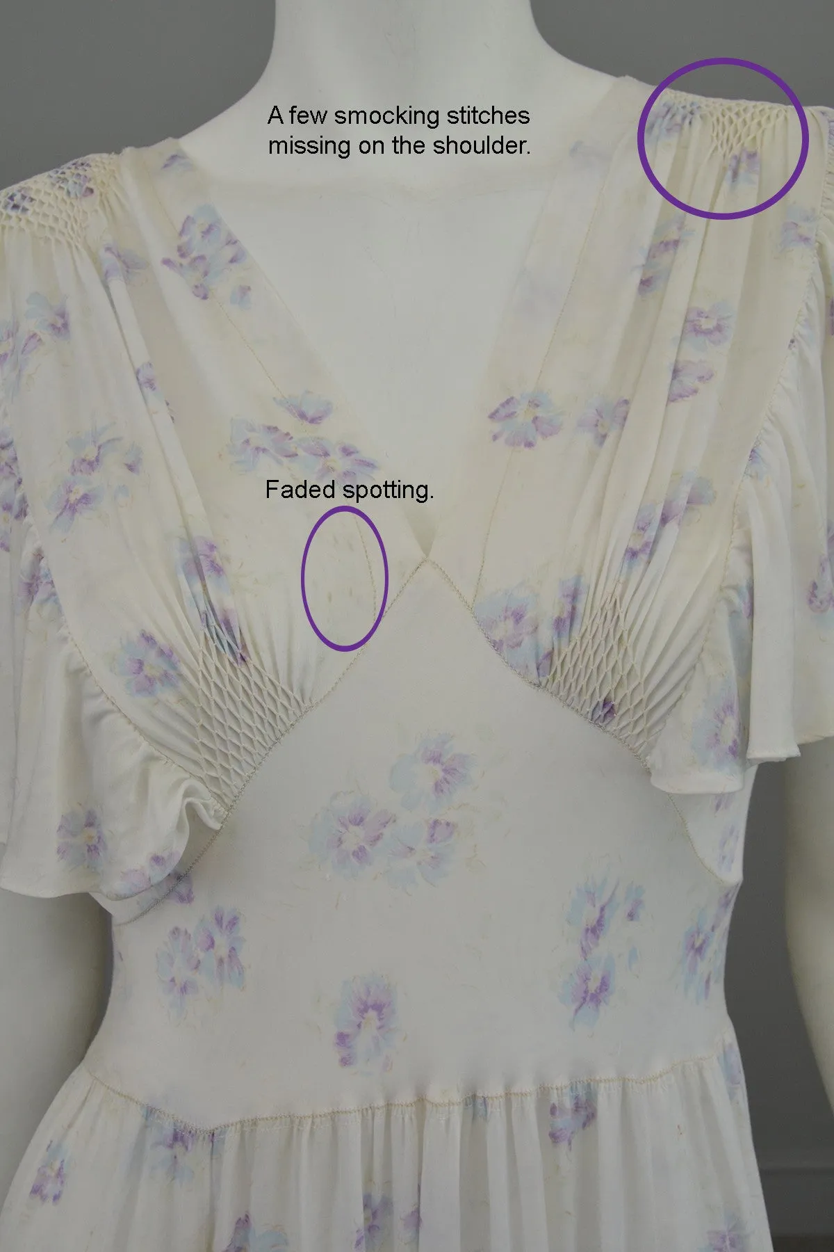 1930s Eggshell Silky Lilac Floral Print Smocked Flutter Sleeves Negligee Slip Dress