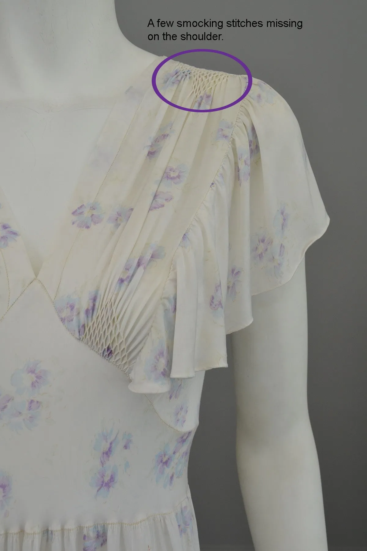 1930s Eggshell Silky Lilac Floral Print Smocked Flutter Sleeves Negligee Slip Dress