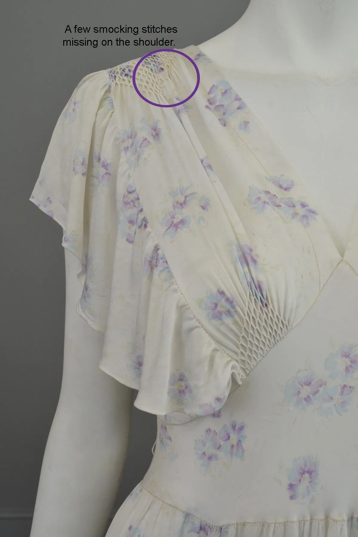 1930s Eggshell Silky Lilac Floral Print Smocked Flutter Sleeves Negligee Slip Dress