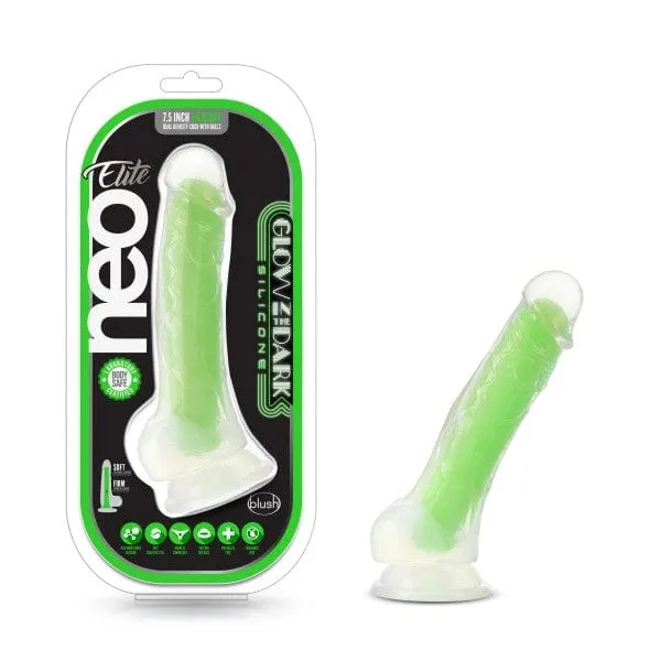 Blush Neo Green Elite Glow in the Dark 7.5" Silicone Dual Density Cock