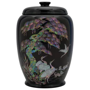 Elegant Black Container with Mother-of-Pearl Cranes and Pine Design