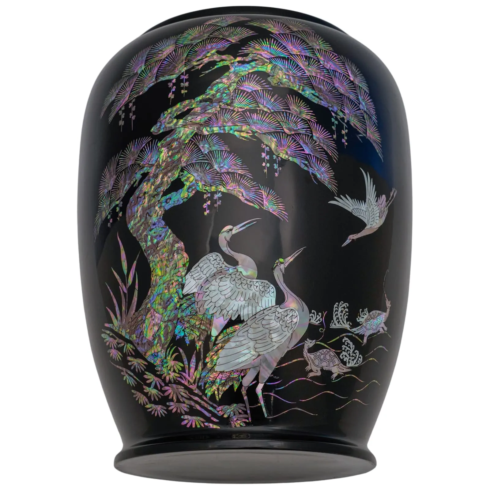 Elegant Black Container with Mother-of-Pearl Cranes and Pine Design