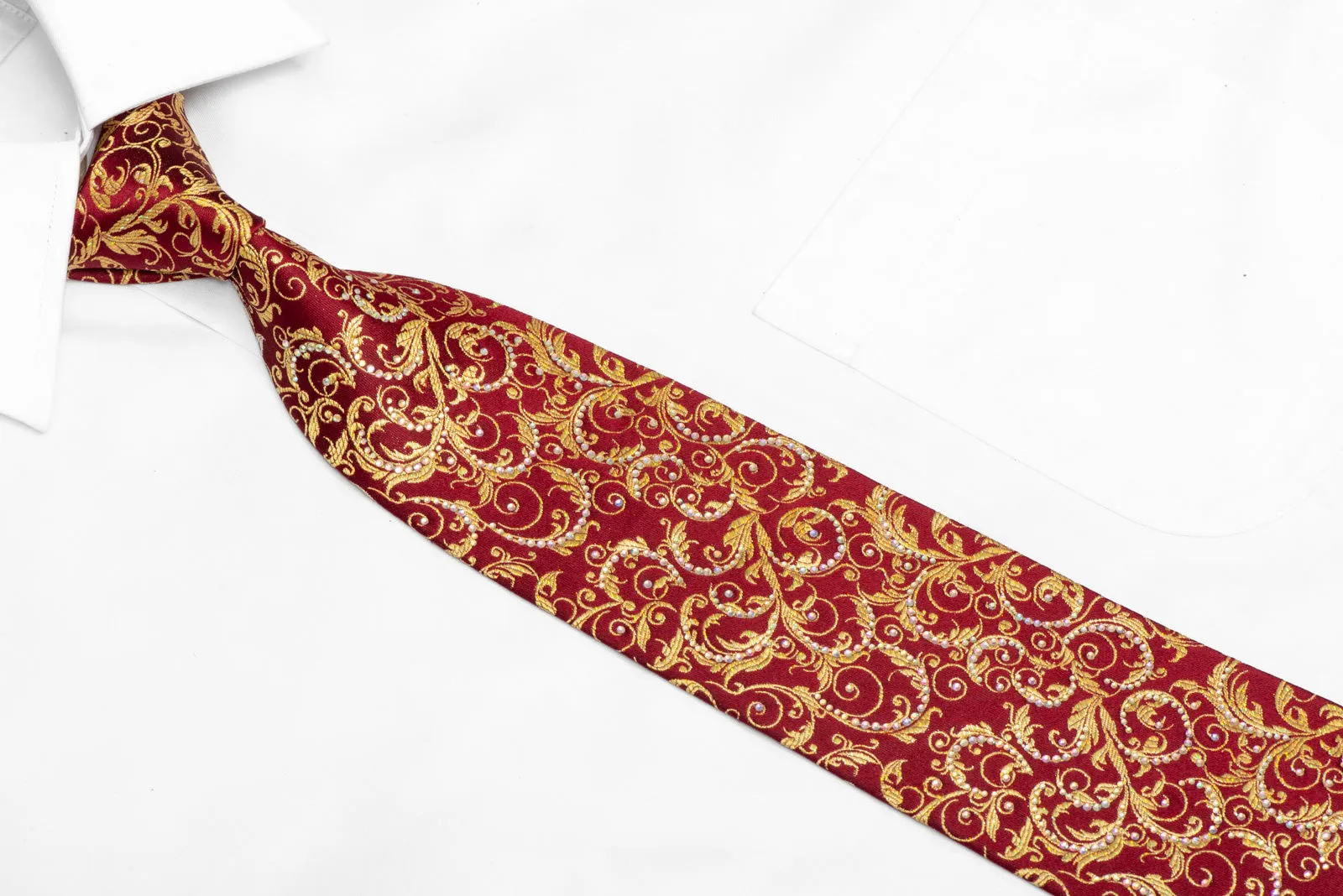 Gold Acanthus On Burgundy Rhinestone Silk Necktie With Gold Sparkles