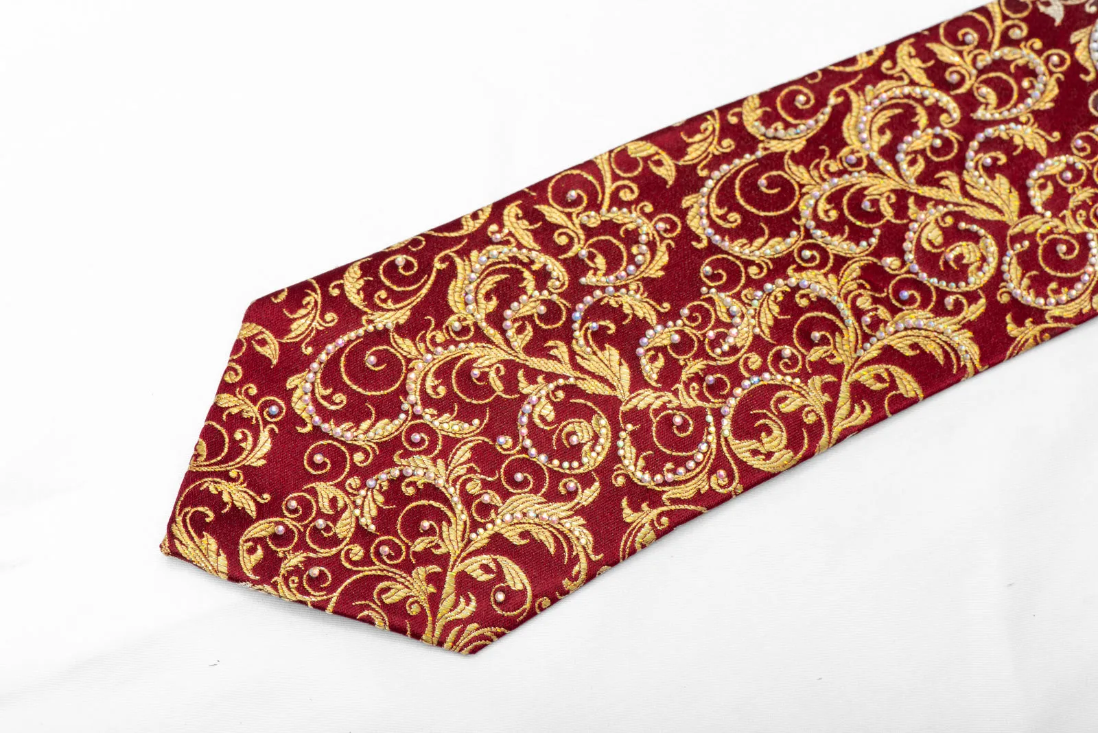 Gold Acanthus On Burgundy Rhinestone Silk Necktie With Gold Sparkles