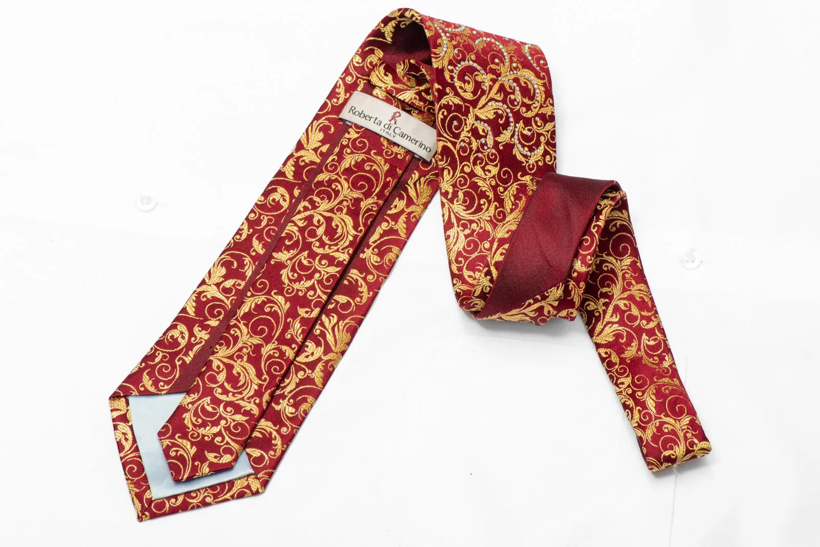 Gold Acanthus On Burgundy Rhinestone Silk Necktie With Gold Sparkles