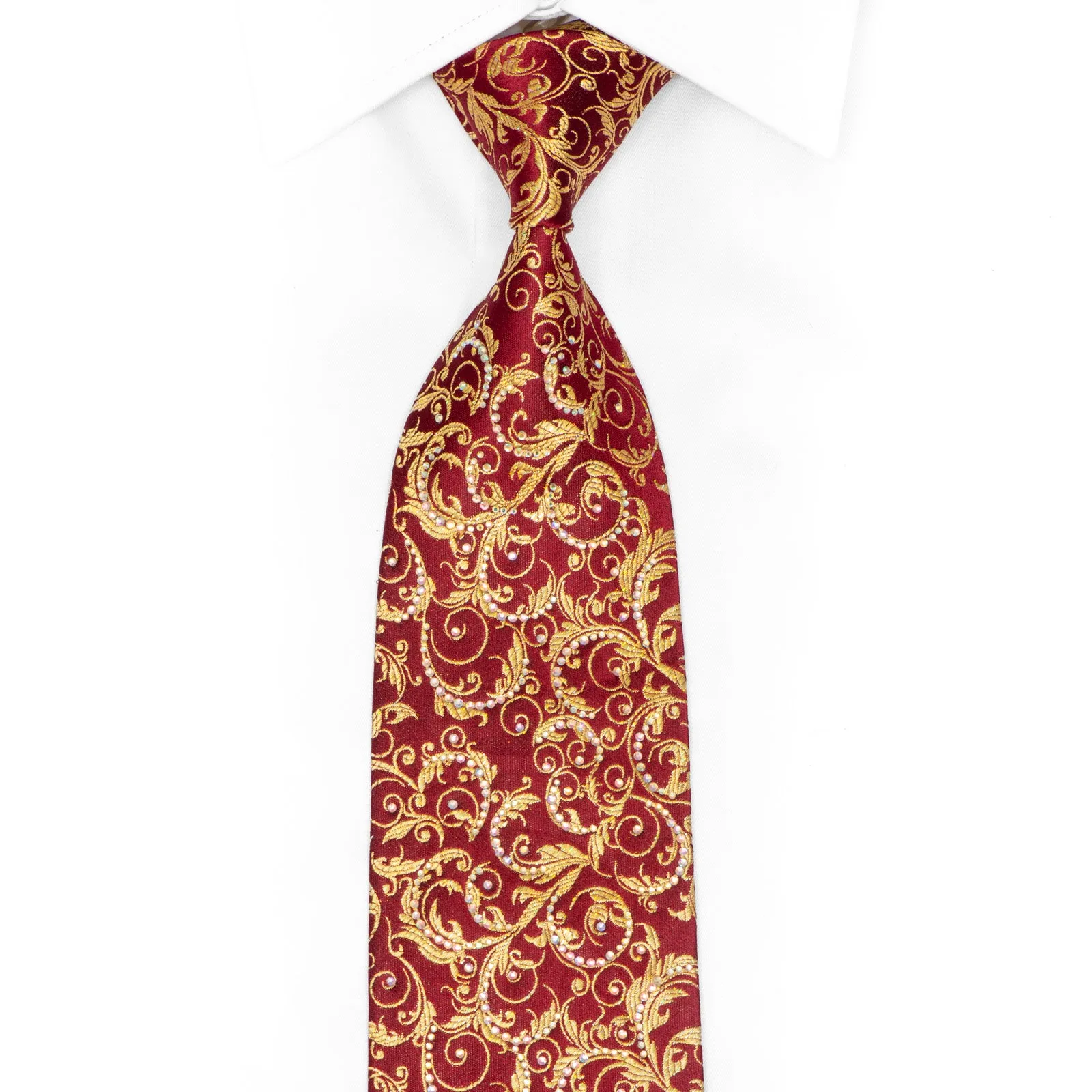 Gold Acanthus On Burgundy Rhinestone Silk Necktie With Gold Sparkles