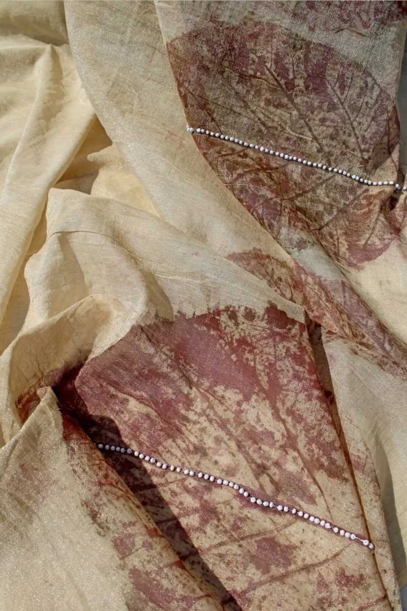 Leela- Handcrafted Chanderi Saree- Leaf Imprinted With Pearl Lembroidery