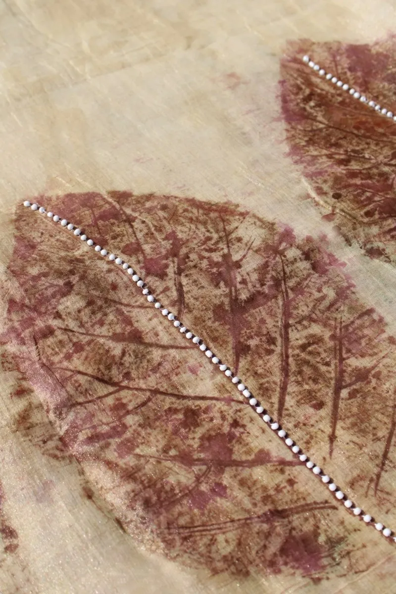 Leela- Handcrafted Chanderi Saree- Leaf Imprinted With Pearl Lembroidery