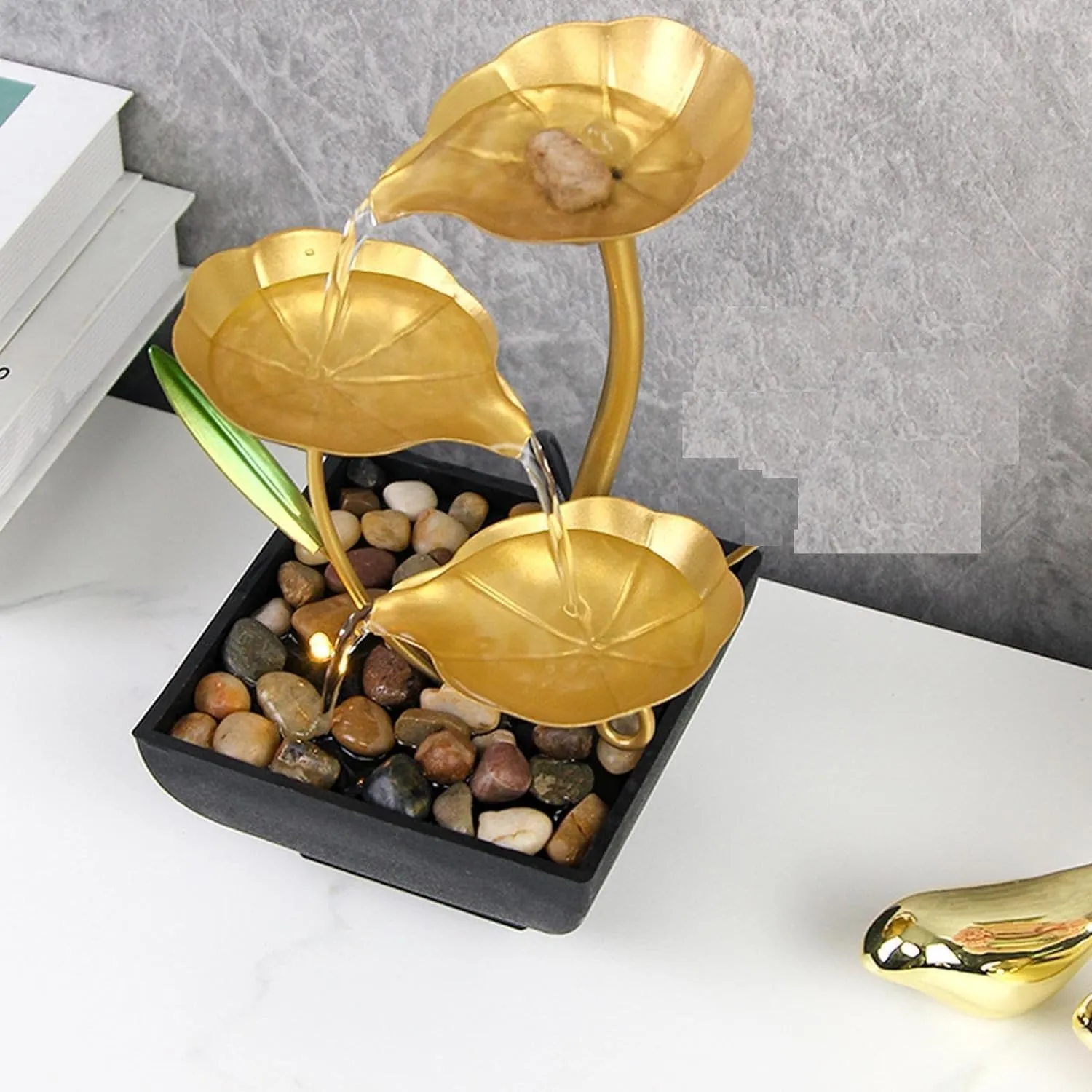 LEXSO Metal Tabletop Water Fountain 3 -Tier Floral Golden Leaf Relaxation Min Fountains 3 -Tier Floral Golden Leaf Relaxation Min Fountains Relaxation for Decor Office Living Room Bedroom