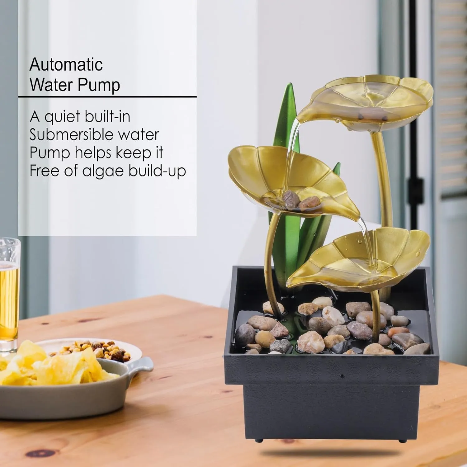 LEXSO Metal Tabletop Water Fountain 3 -Tier Floral Golden Leaf Relaxation Min Fountains 3 -Tier Floral Golden Leaf Relaxation Min Fountains Relaxation for Decor Office Living Room Bedroom