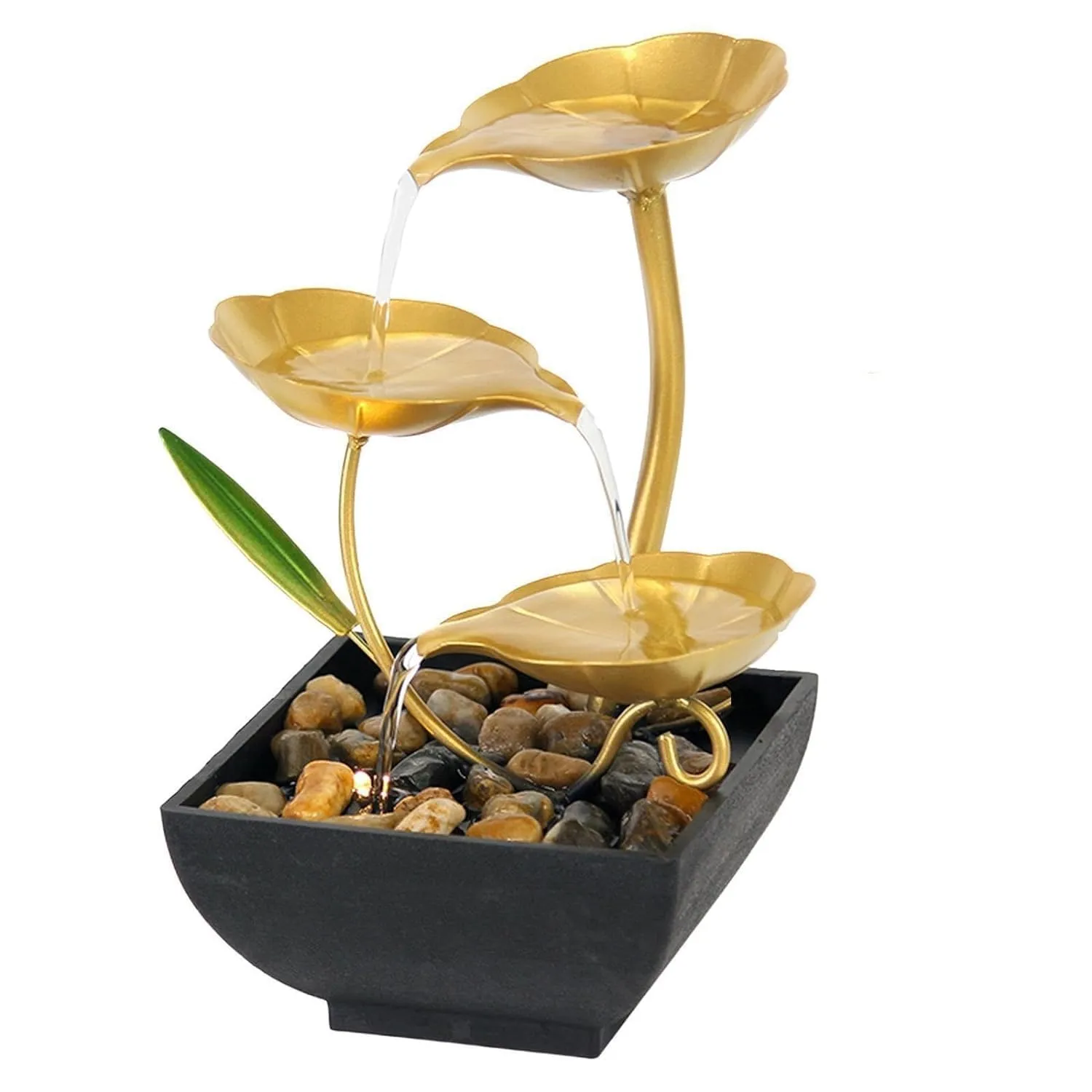 LEXSO Metal Tabletop Water Fountain 3 -Tier Floral Golden Leaf Relaxation Min Fountains 3 -Tier Floral Golden Leaf Relaxation Min Fountains Relaxation for Decor Office Living Room Bedroom