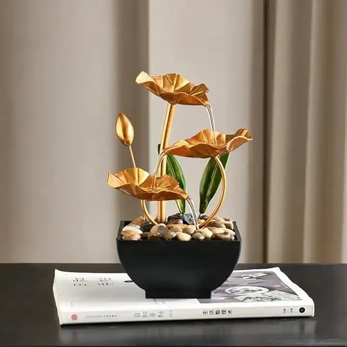 LEXSO Metal Tabletop Water Fountain 3 -Tier Floral Golden Leaf Relaxation Min Fountains 3 -Tier Floral Golden Leaf Relaxation Min Fountains Relaxation for Decor Office Living Room Bedroom