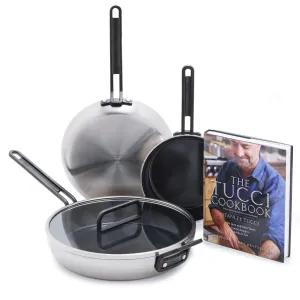 Stanley Tucci™ Stainless Steel Ceramic Nonstick 4-Piece Frypan Set with The Tucci Cookbook | Black Handles