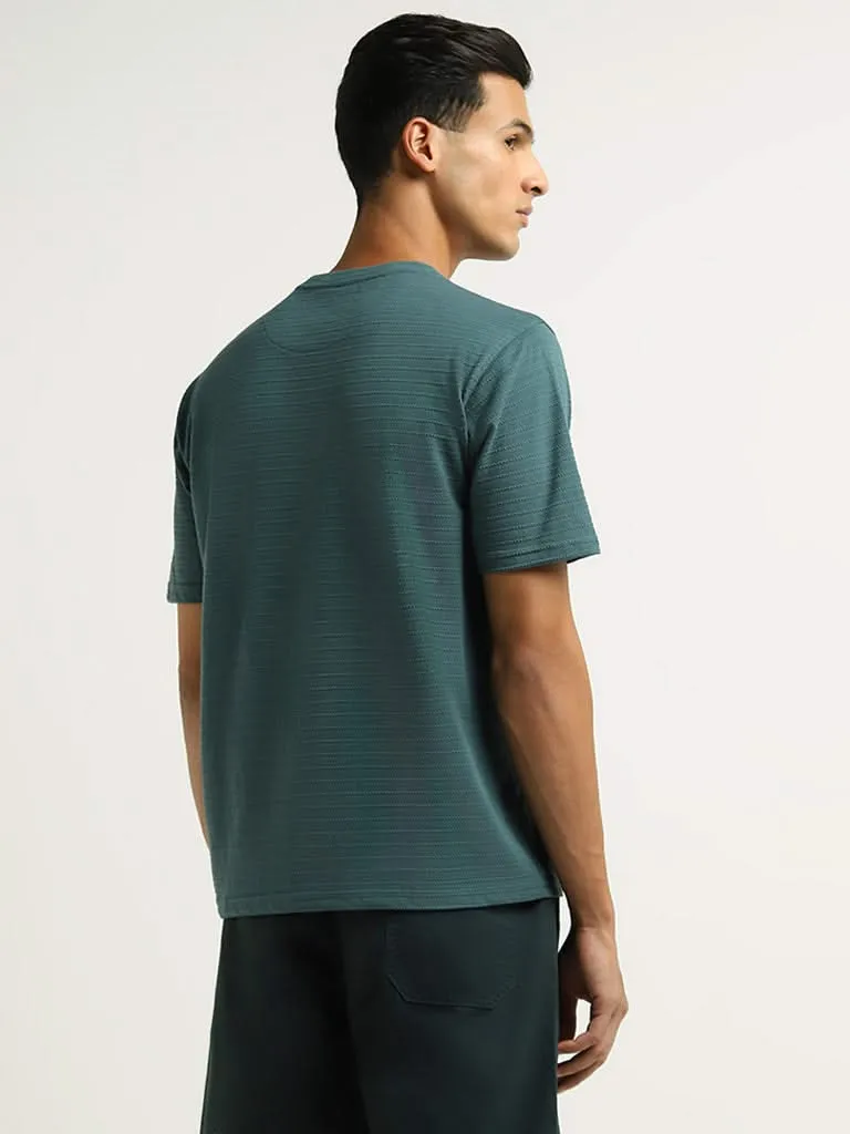 WES Lounge Dark Green Textured Cotton Blend Relaxed Fit T-Shirt