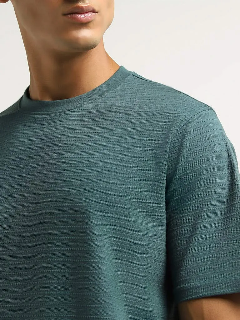 WES Lounge Dark Green Textured Cotton Blend Relaxed Fit T-Shirt